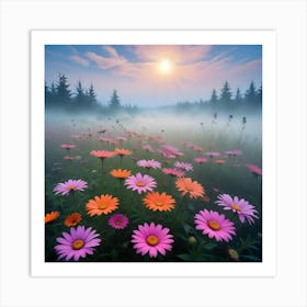 Watercolor Painting Colorful Field Of Vibrant Pink Flowers Art Print