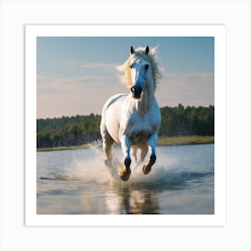 White Horse Running In The Water Art Print