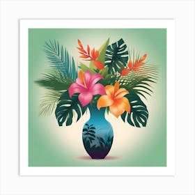 Vase With Flowers  with Tropical, Yellow, Orange, Green, Pink and Turquoise Decoration Art Print