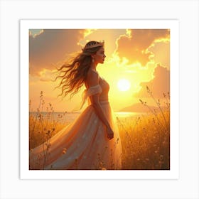 Radiant Young Queen In A Watercolor Scene With A Golden Sunset Art Print