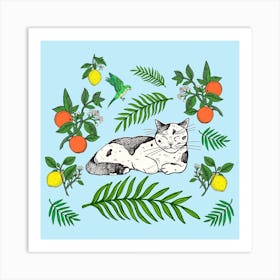 Cat Citrus Square Art Print