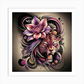 Leopard With Lotus Flower Art Print