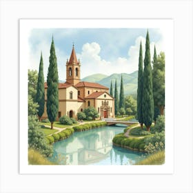 Tranquil Watercolor Of A Spanish Monastery Surrounded By Nature Art Print