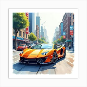 Exotic Sports Car In A Vibrant Cityscape, Watercolor Painting 1 Art Print