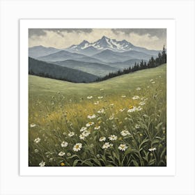 vintage oil painting of wild flowers in a meadow, mountains in the background 4 Art Print