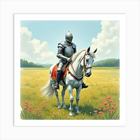 Noble Knight In A Peaceful Meadow With Blooming Flowers, Watercolor 1 Art Print