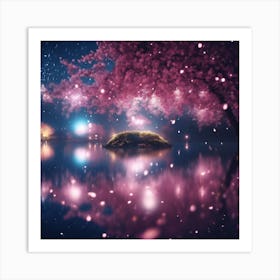 Pink Reflections of Cherry Blossom Trees at Midnight 1 Art Print