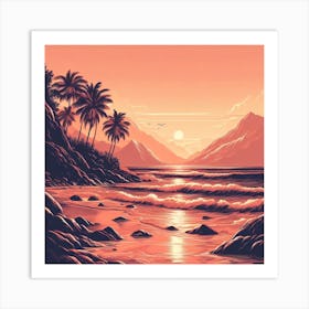 Evening Rosegold Beach at sunset amidst the mountains in an art print 7 Art Print