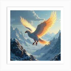 A Griffin With Glowing Wings Flying Over Snow Capped Mountains 1 Art Print