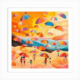 Umbrellas On The Beach, Naïve Folk Art Print