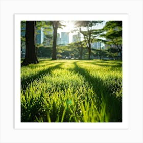 Bright Green Grass Under A Radiant Sun Swathed In Tokyo City Stands Out Against The Contrasting Sh Art Print