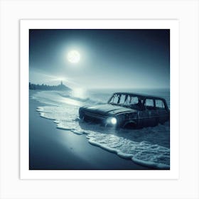 Abandoned Car On The Beach with river Art Print