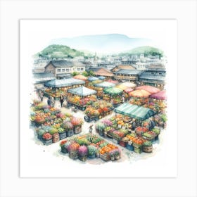 Inviting and Delicious - Watercolor Painting of a Flower and Fruit Market 1 Art Print