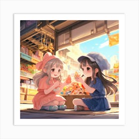 Two Girls In Front Of A Shop Anime Art Print
