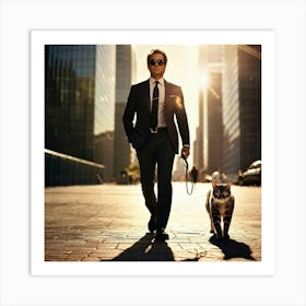 Businessman Wearing Sunglasses Accompanied By A Cat Playing At His Feet Downtown Skyscrapers Loomin (5) Art Print