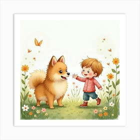 A Pomeranian And A Child Having A Playful Day In A Flower Garden, Watercolor Art Print