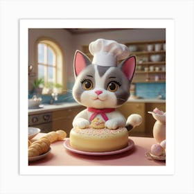 Cat In The Chef Hat in Kitchen Art Print