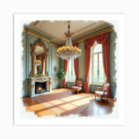 French Chateau Interior With Watercolor Ornate Chandeliers And Opulent Decor 1 Art Print