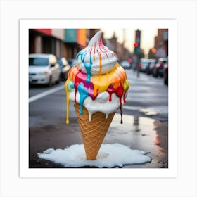 A Colorful Ice Cream Cone Melting On A Sidewalk With A Blurred City Street In The Background Art Print