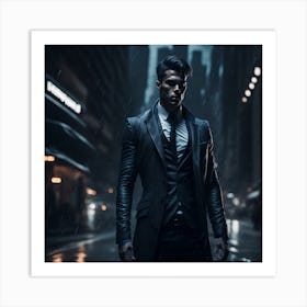 Man in Suit In Rainy City  Art Print