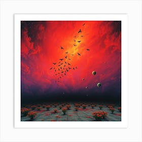 Red Sky With Birds Art Print