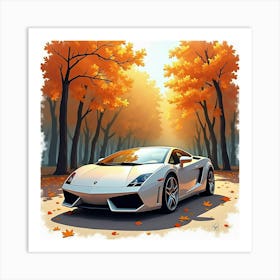 Watercolor Lamborghini Gallardo Parked In An Autumn Forest 1 1 Art Print