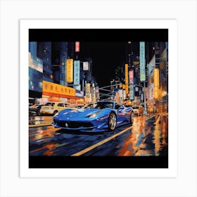 Blue Ferrari in the city Art Print