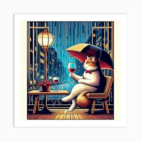 Cat Drinking Wine In The Rain 7 Art Print