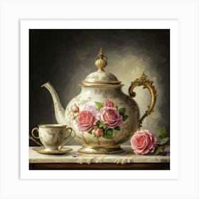 A very finely detailed Victorian style teapot with flowers, plants and roses in the center with a tea cup 17 Art Print