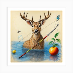 Deer With A Fishing Rod Trying To Catch 1 Art Print