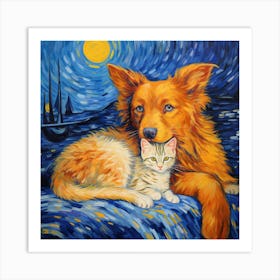 Starry Night Cat And Dog Art Print