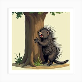 Playful Porcupine Climbing A Tree Trunk 2 Art Print