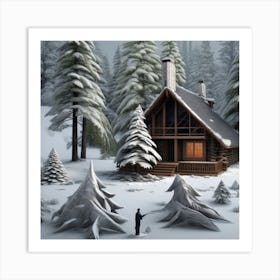 Small wooden hut inside a dense forest of pine trees with falling snow 10 Art Print