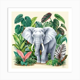 Elephant with Alocasias and Philodendroness Art Print