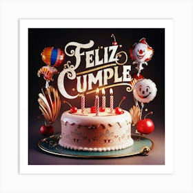 Feliz cumple and Feliz cumpleaños sign means Happy Birthday in Spanish language, Birthday party celebration gift with birthday cake candle colorful balloons best congratulation over light background wall artFeliz Cumple 43 Art Print