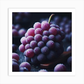 A close-up photograph of a bunch of ripe purple grapes, glistening with water droplets, against a dark background, with a shallow depth of field, and a painterly quality. Art Print