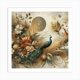 Peacocks And Flowers Art Print