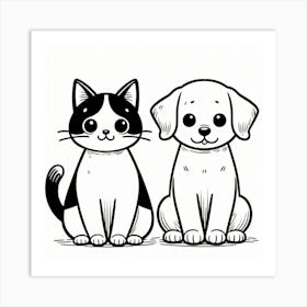 Line Art cat and dog 3 Art Print