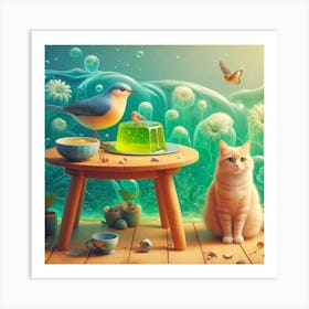 Cat And A Bird Art Print