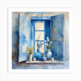 Blue wall. Open window. From inside an old-style room. Silver in the middle. There are several small pottery jars next to the window. There are flowers in the jars Spring oil colors. Wall painting.55 Art Print