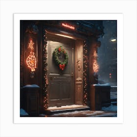 Christmas Decoration On Home Door Sharp Focus Emitting Diodes Smoke Artillery Sparks Racks Sy (3) Art Print