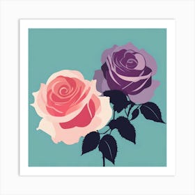 Two Roses, Coral and Purple on Turquoise Background Art Print