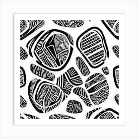 Retro Inspired Linocut Abstract Shapes Black And White 2 Art Print