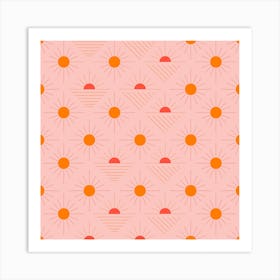 Geometric Pattern With Bright Orange Sunshine On Light Pink Square Art Print