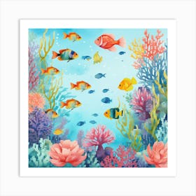 Peaceful Retreat Combine, Featuring Soft Watercolor Florals In Pastel Shades With C ,COLOR FISHES , SEA ART ,Seamless Pattern With Corals And Fish Art Print