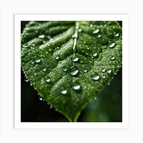 Green Leaf With Water Droplets Art Print