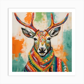 Yuletide Gaze: A Fauvist Reindeer Portrait Art Print