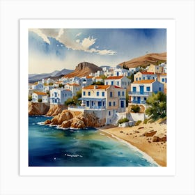 Greece Town.Summer on a Greek island. Sea. Sand beach. White houses. Blue roofs. The beauty of the place. Watercolor. Art Print