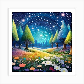 Night Sky With Flowers And Trees Art Print