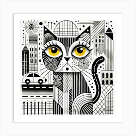 Foggy Rooftop City Cat Art Print